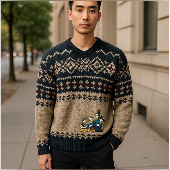 Vintage Men's Disney Store Mickey Wool Ski Lodge V-Neck Sweater Size Small - Picture 6 of 6